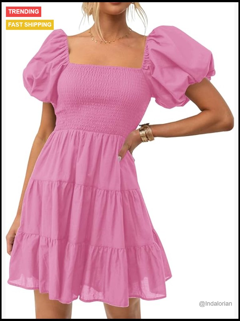Boho Square Neck Puff Sleeve Smocked Mini Dress